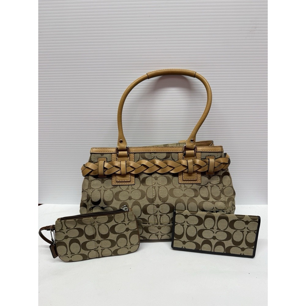 COACH Hampton  Purse Handbag Khaki Tan & Wristlet, Checkbook  F13065 VERY CLEAN